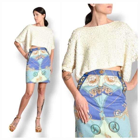 Vintage DKNY 1990s Cotton Paillette Sequined Crop Top in Ivory Size Medium - Picture 1 of 16